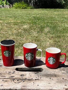 Starbucks Red Ceramic Mugs and Travel Tumbler Set with Green Mermaid Logo